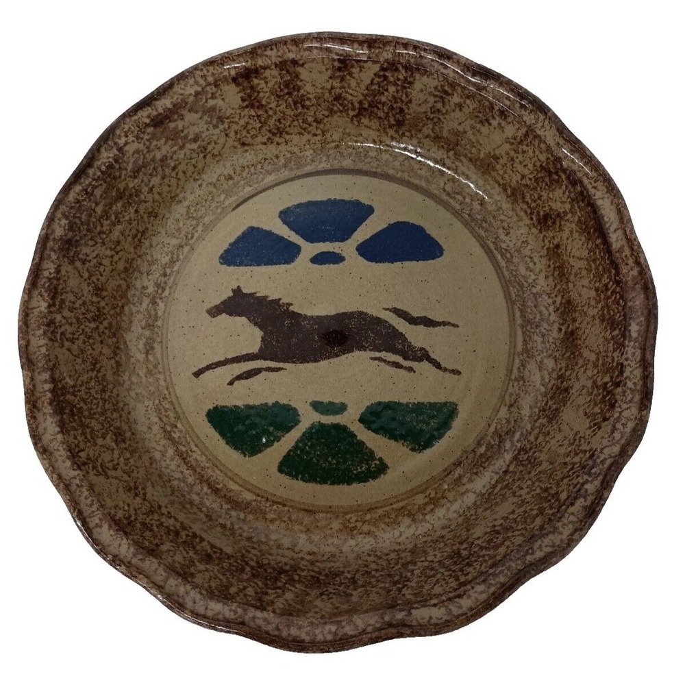 VTG Pottery Running Horse Wall Plate Brown Stoneware Hand Made Country